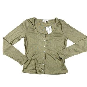 Shirt Top Medium Sage Green Pointelle Button Front‎